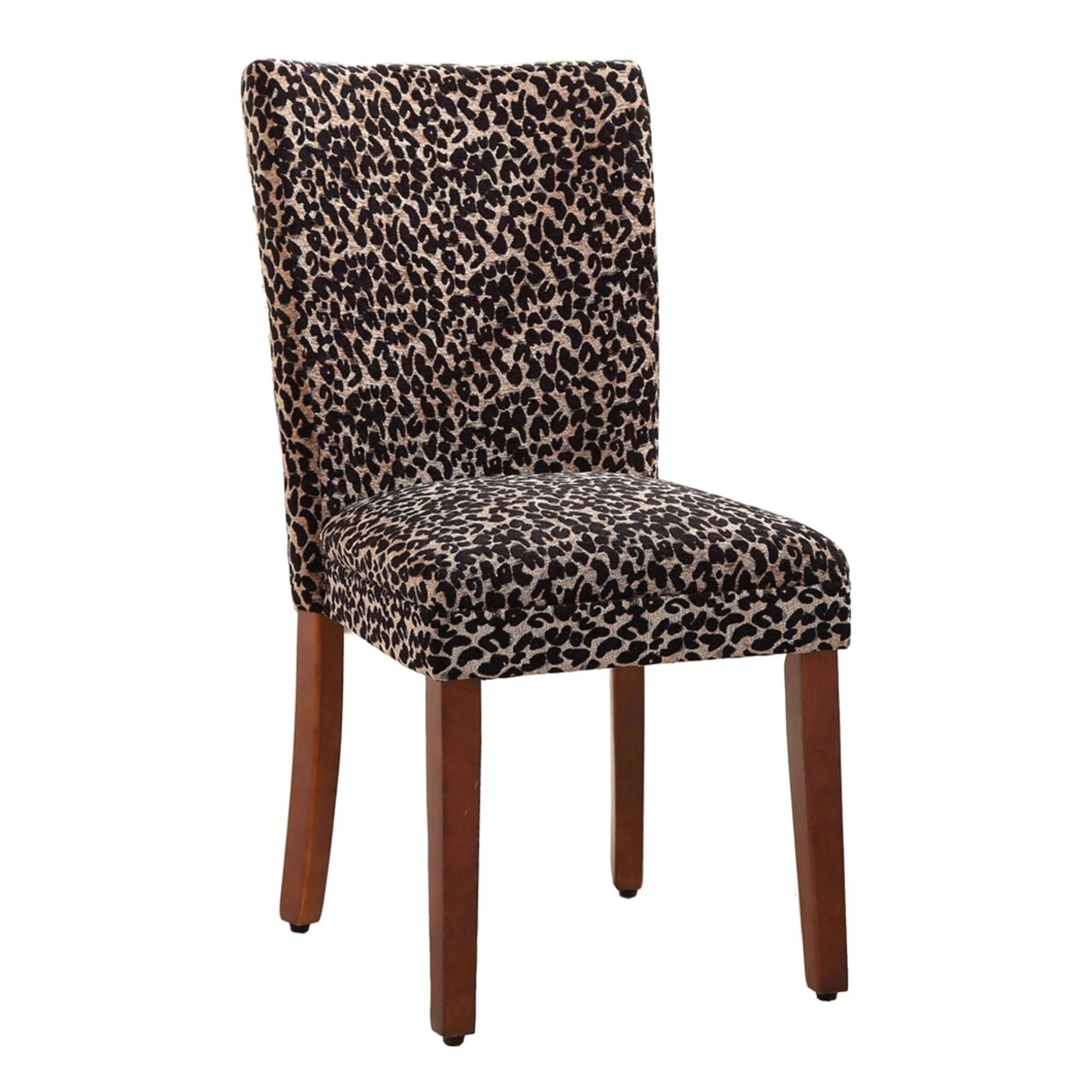 Saltoro Sherpi Fabric Upholstered Wooden Parson Chair with Leopard Print, Black and Brown, Set of Two-